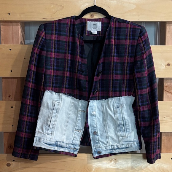 Jackets & Blazers - Upcycled vintage blazer with denim patches with pockets, by Susie